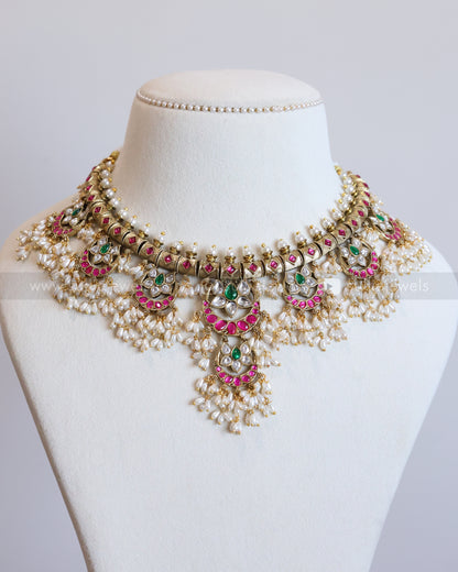 3953 - Rice Pearl Guttapusalu Premium Kundan Stone Necklace with Earring