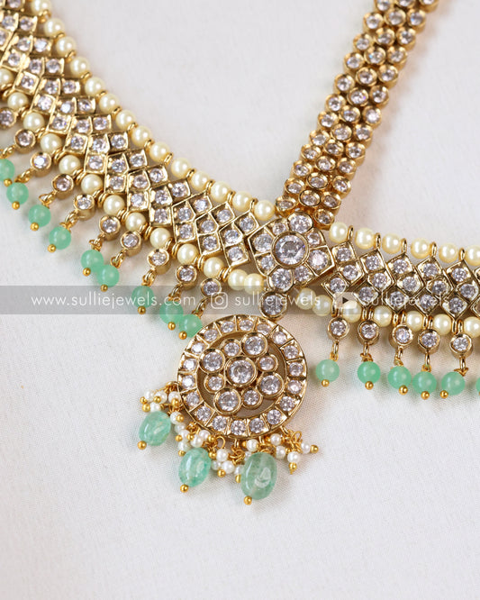 Premium Kundan White Stone Damini Tikka ( Three sided tikka ) with Mint Beads