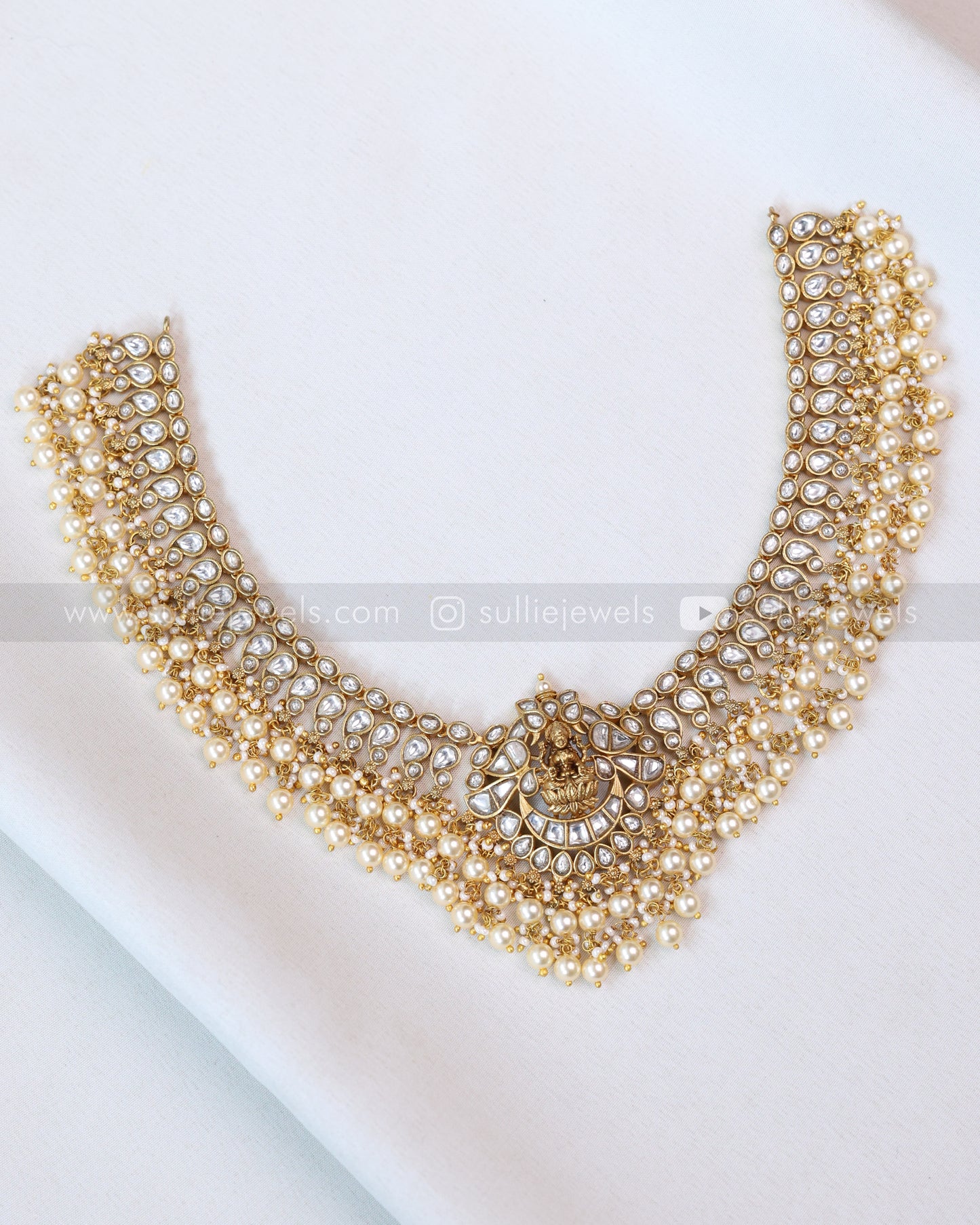 3665 - Luxe Goddess White Kundan Pearls Lakshmi Necklace with Earring