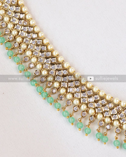 Premium Kundan White Stone Damini Tikka ( Three sided tikka ) with Mint Beads