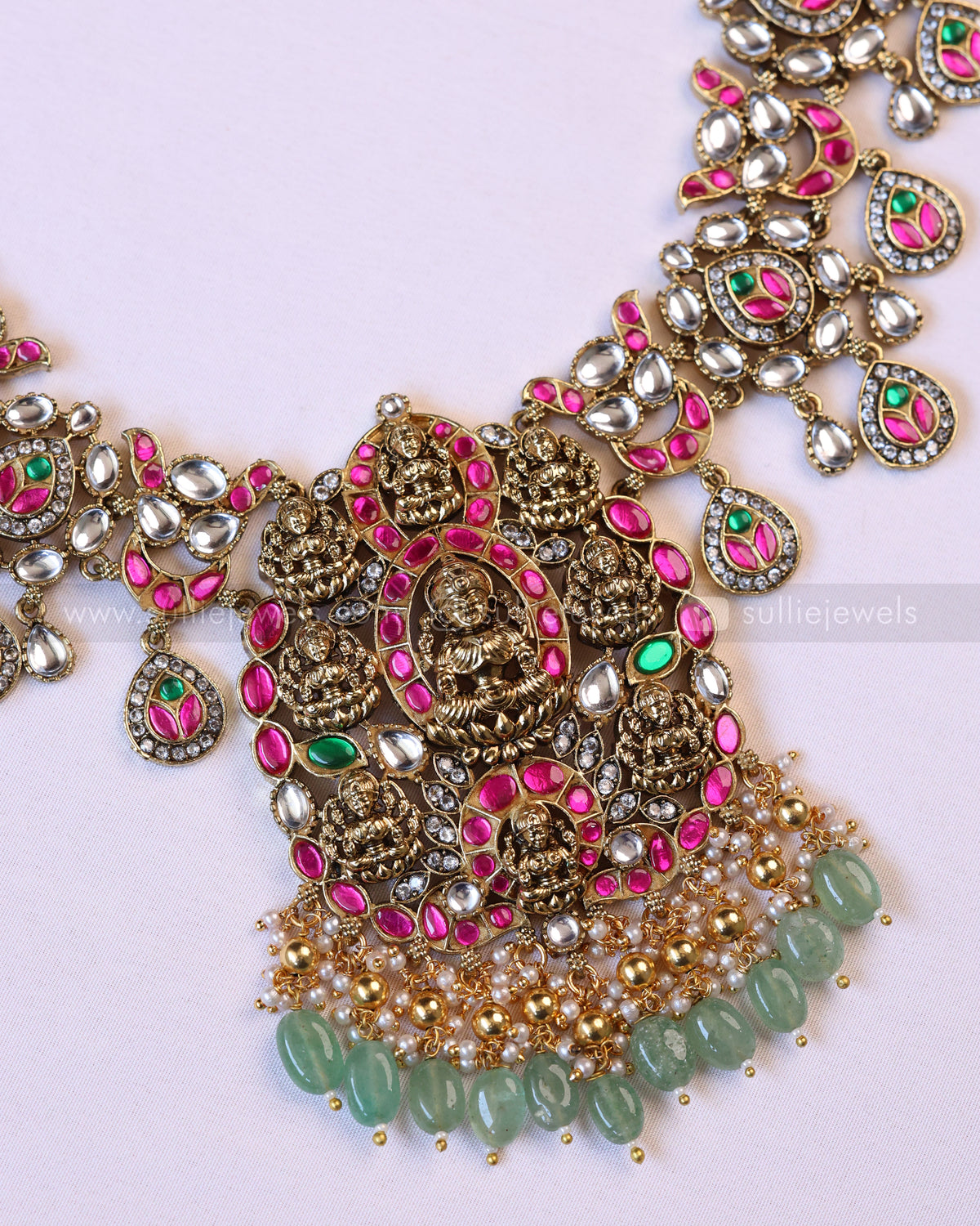 3951 - Premium Lakshmi Kundan Stone Work Mint Beads Necklace with Earring