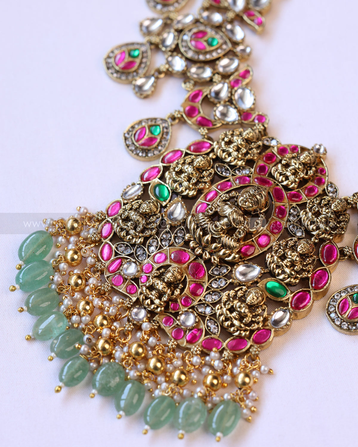 3951 - Premium Lakshmi Kundan Stone Work Mint Beads Necklace with Earring