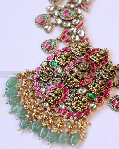 3951 - Premium Lakshmi Kundan Stone Work Mint Beads Necklace with Earring