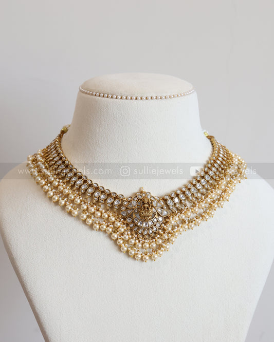 3665 - Luxe Goddess White Kundan Pearls Lakshmi Necklace with Earring