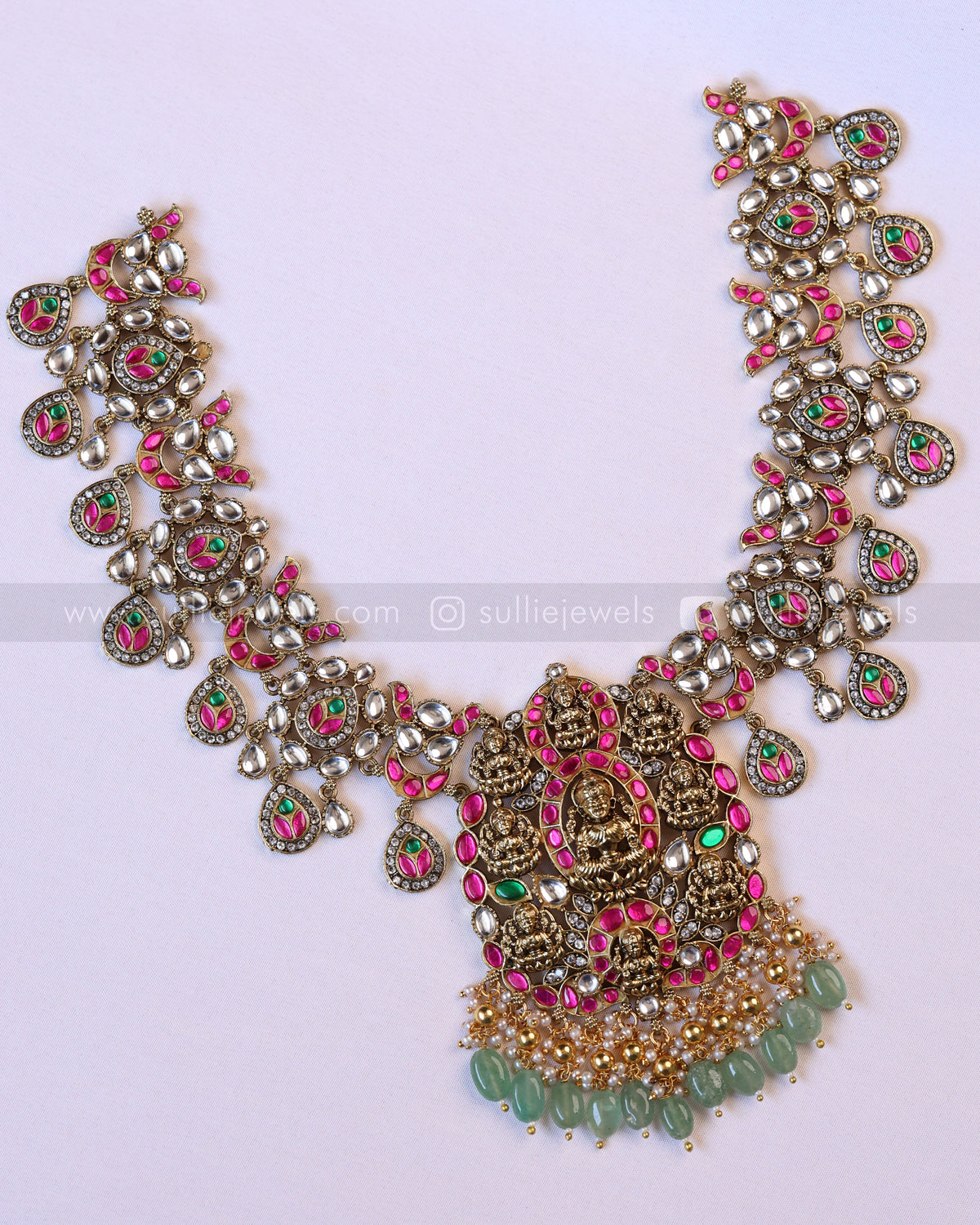 3951 - Premium Lakshmi Kundan Stone Work Mint Beads Necklace with Earring
