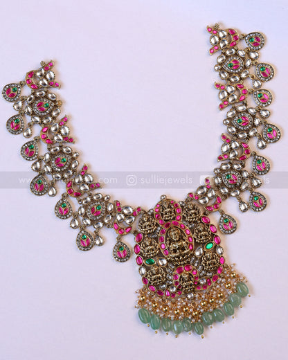 3951 - Premium Lakshmi Kundan Stone Work Mint Beads Necklace with Earring