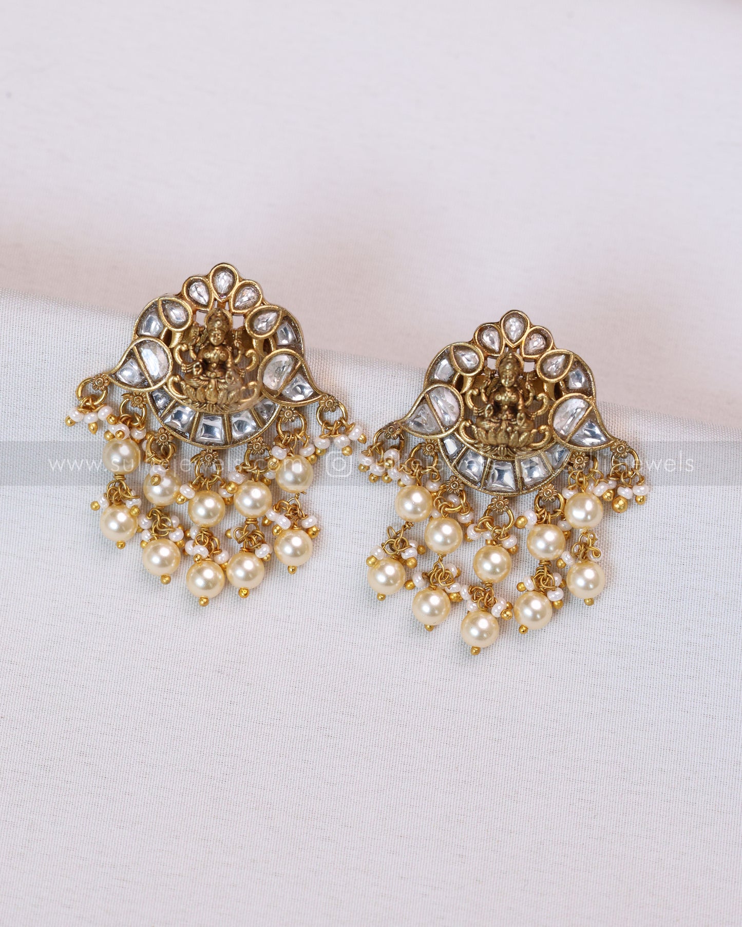 3665 - Luxe Goddess White Kundan Pearls Lakshmi Necklace with Earring
