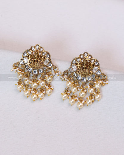 3665 - Luxe Goddess White Kundan Pearls Lakshmi Necklace with Earring