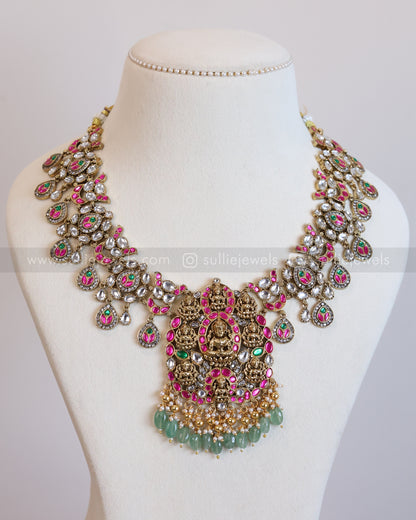 3951 - Premium Lakshmi Kundan Stone Work Mint Beads Necklace with Earring