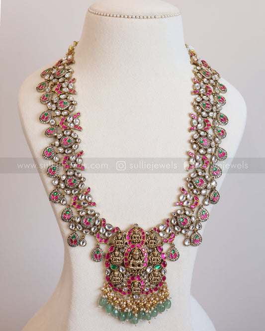 7218 - Premium Lakshmi Kundan Stone Work Mint Beads Long Chain with Earring