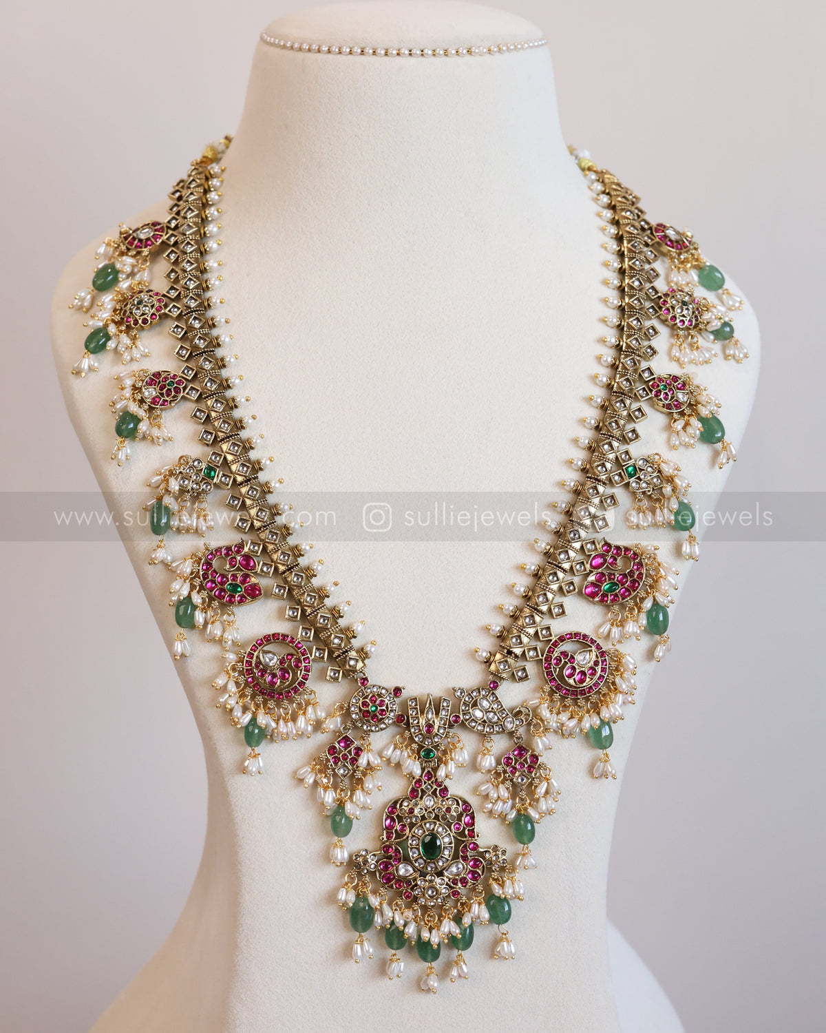 7217 - Premium Kundan Stone Venkateswara Mint Beads Guttapusalu Long Chain with Jhumka