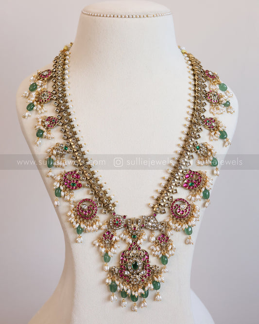 7217 - Premium Kundan Stone Venkateswara Mint Beads Guttapusalu Long Chain with Jhumka