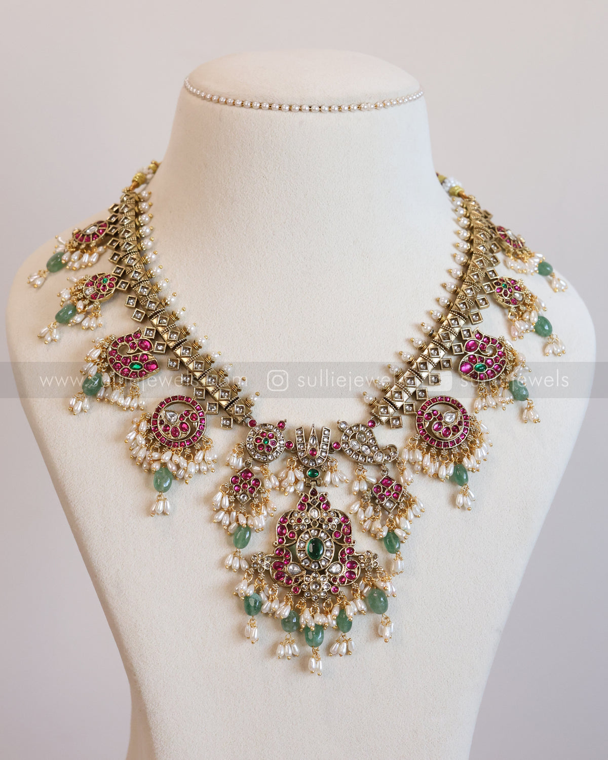 3952 - Premium Kundan Stone Venkateswara Mint Beads Guttapusalu Necklace with Jhumka