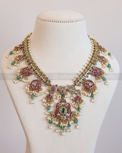 3952 - Premium Kundan Stone Venkateswara Mint Beads Guttapusalu Necklace with Jhumka