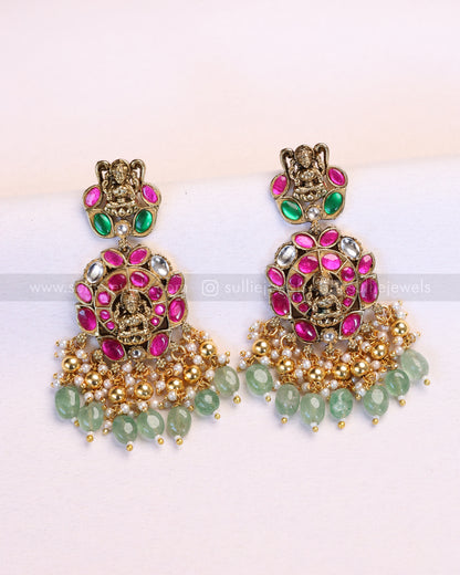3951 - Premium Lakshmi Kundan Stone Work Mint Beads Necklace with Earring