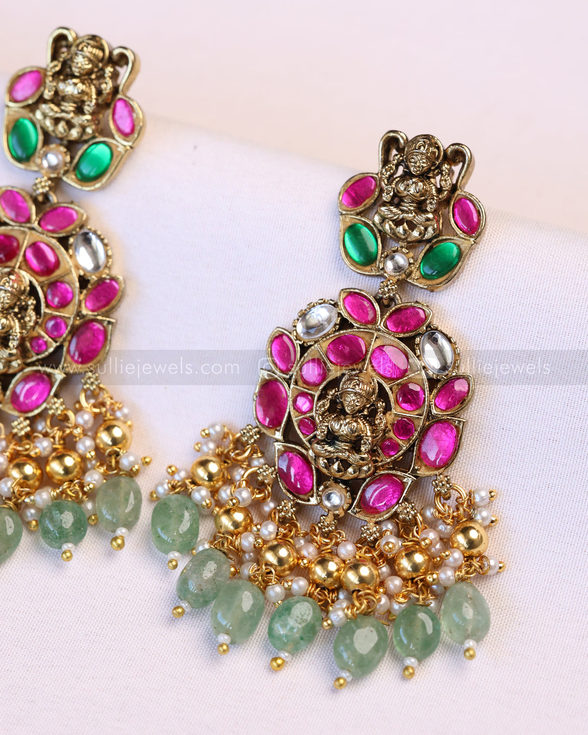 3951 - Premium Lakshmi Kundan Stone Work Mint Beads Necklace with Earring