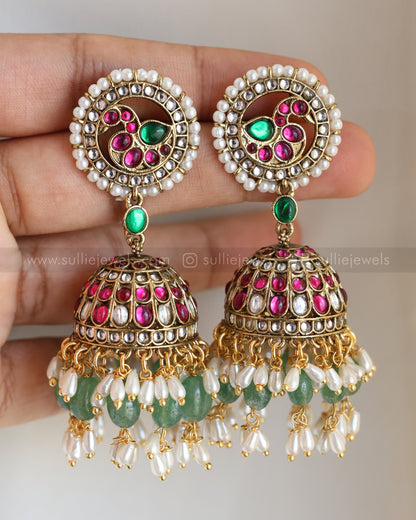 3952 - Premium Kundan Stone Venkateswara Mint Beads Guttapusalu Necklace with Jhumka