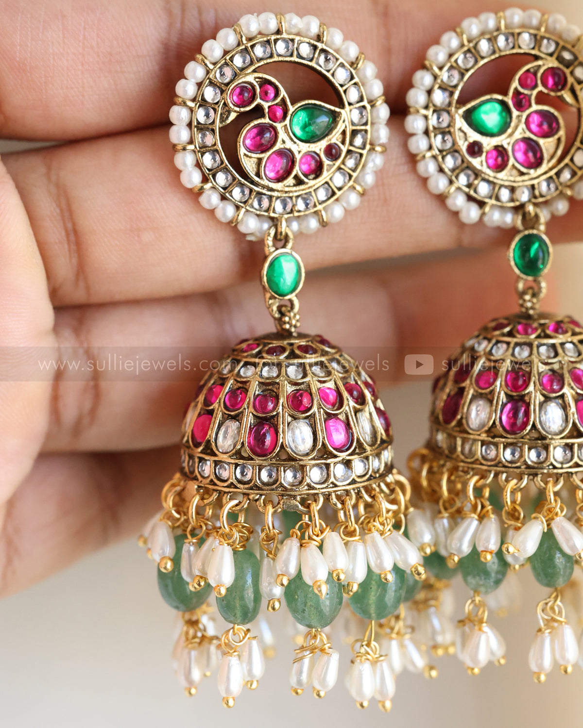 3952 - Premium Kundan Stone Venkateswara Mint Beads Guttapusalu Necklace with Jhumka