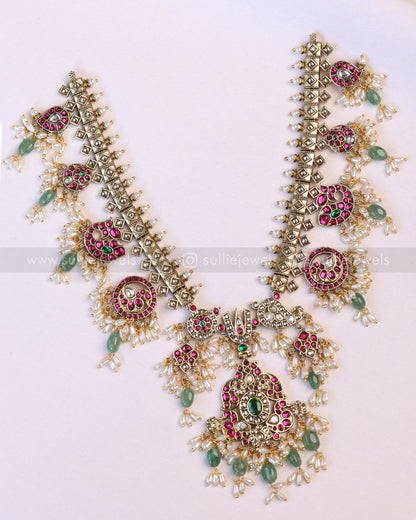 3952 - Premium Kundan Stone Venkateswara Mint Beads Guttapusalu Necklace with Jhumka