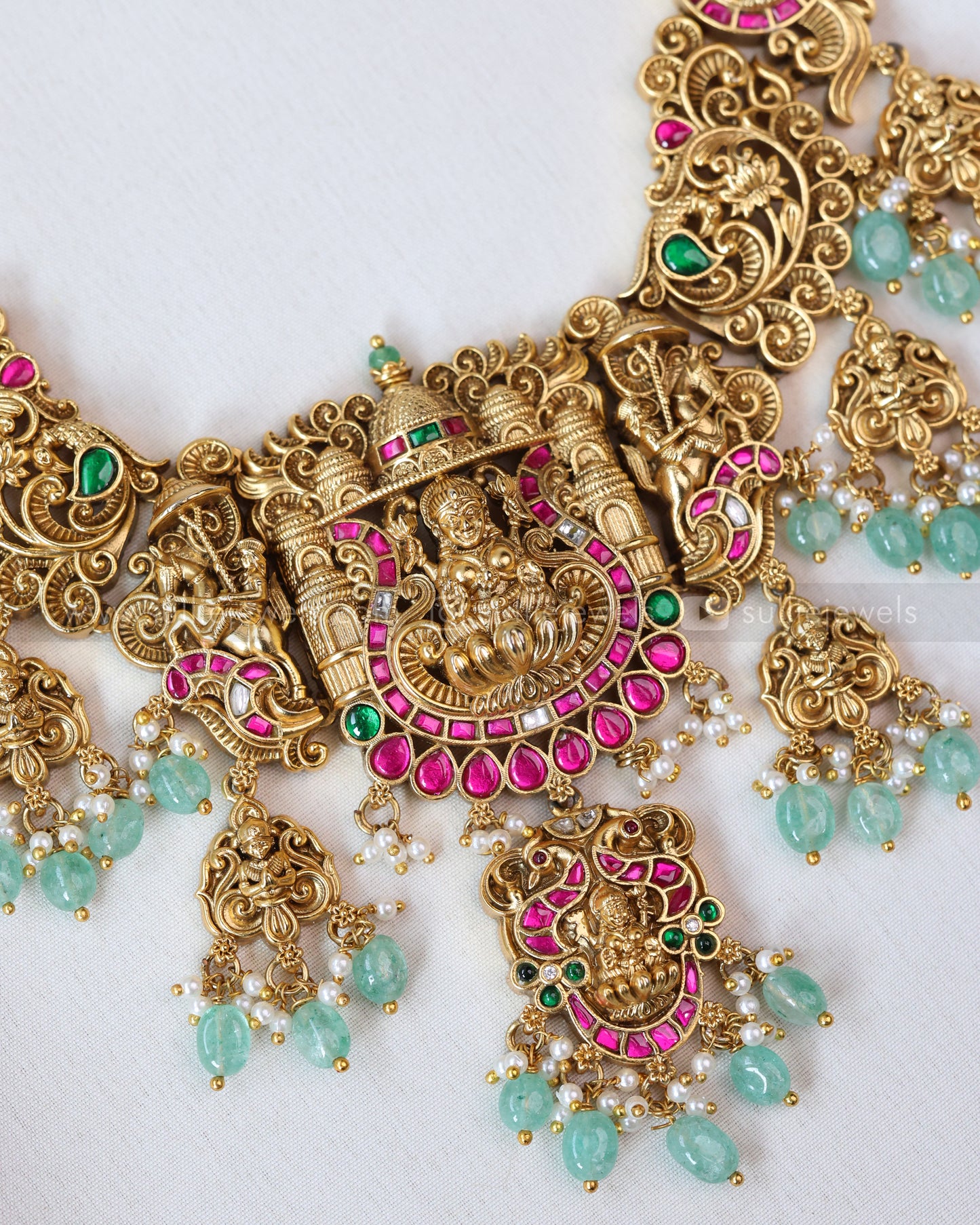 7158 - Lakshmi Premium Jadau Long Chain/Haaram with Jhumka - Mint Beads