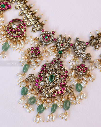 3952 - Premium Kundan Stone Venkateswara Mint Beads Guttapusalu Necklace with Jhumka