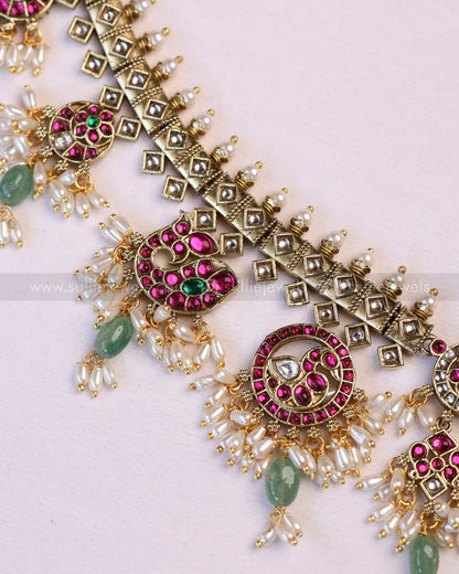 3952 - Premium Kundan Stone Venkateswara Mint Beads Guttapusalu Necklace with Jhumka
