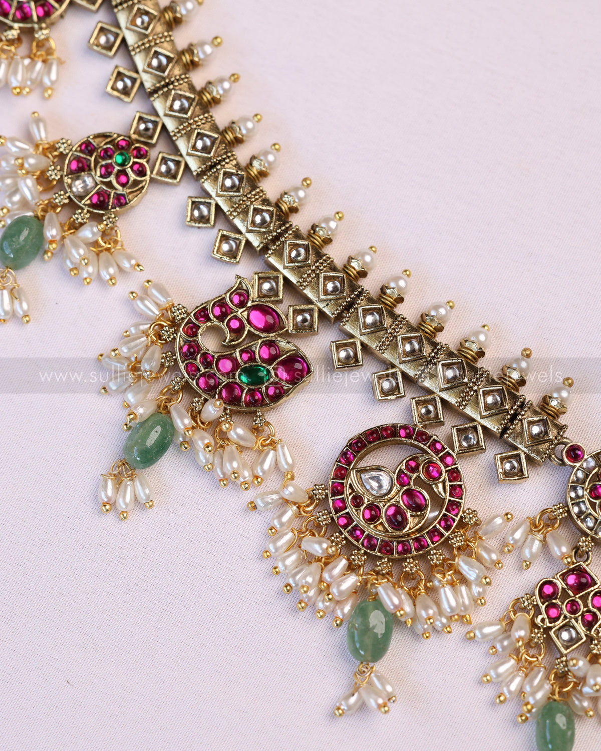 Premium Kundan Stone Venkateswara Mint Beads Guttapusalu Bridal Combo ( 3 piece )