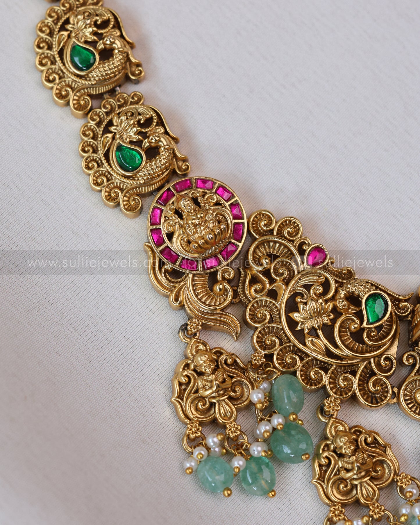 7158 - Lakshmi Premium Jadau Long Chain/Haaram with Jhumka - Mint Beads