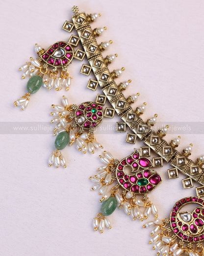 3952 - Premium Kundan Stone Venkateswara Mint Beads Guttapusalu Necklace with Jhumka