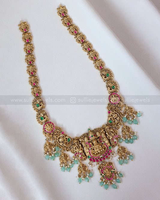 7158 - Lakshmi Premium Jadau Long Chain/Haaram with Jhumka - Mint Beads