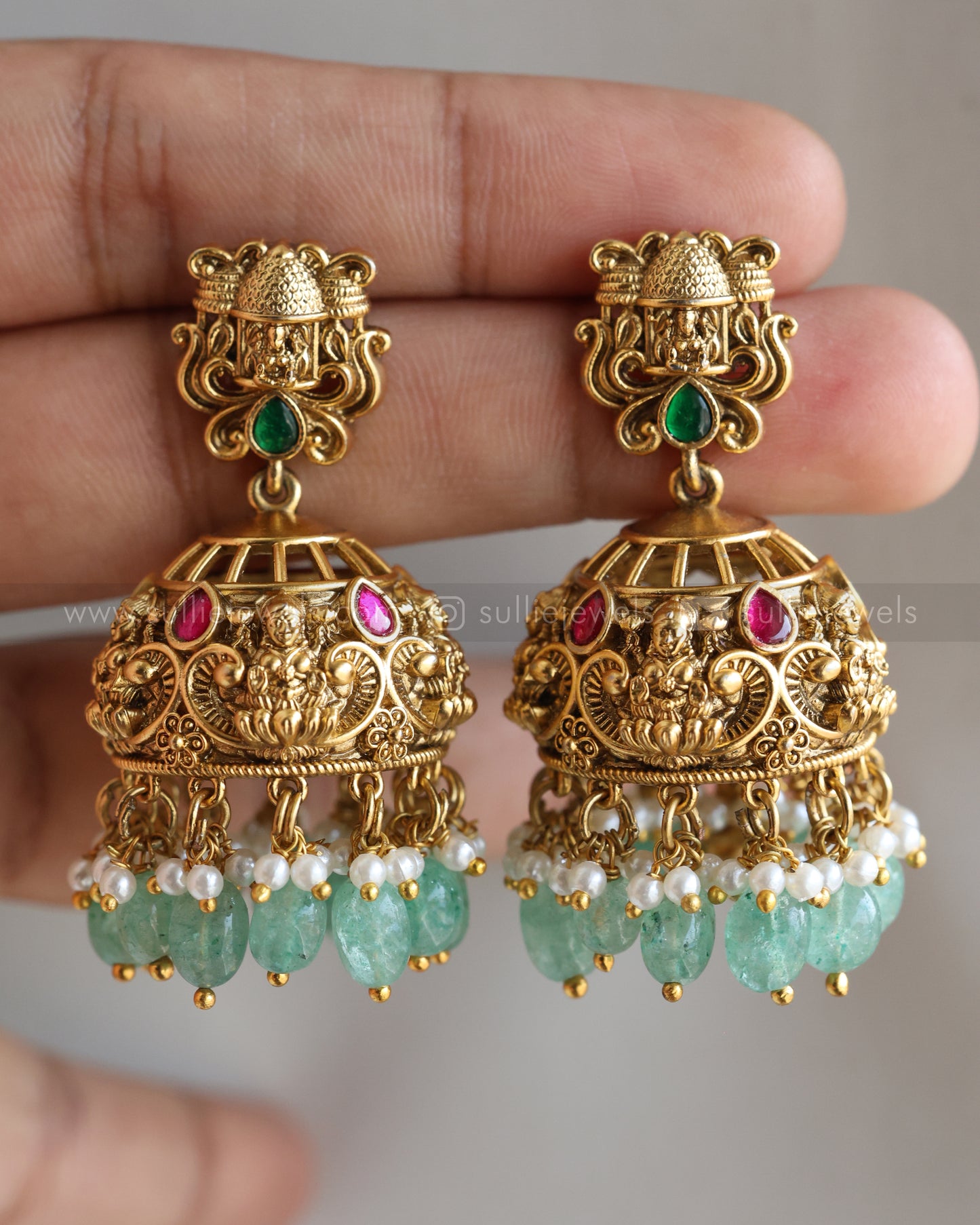 7158 - Lakshmi Premium Jadau Long Chain/Haaram with Jhumka - Mint Beads