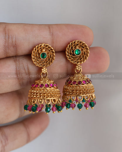 6054 - Sullie Basic - Floral Gold & Ruby Green Pendant Set with Jhumka