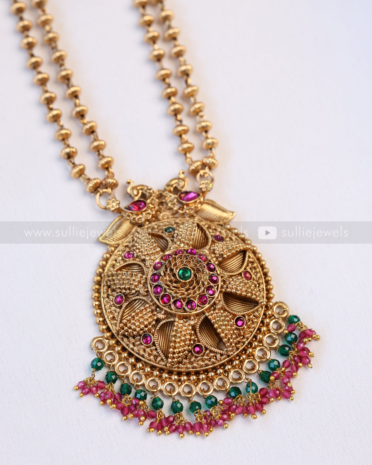 6054 - Sullie Basic - Floral Gold & Ruby Green Pendant Set with Jhumka