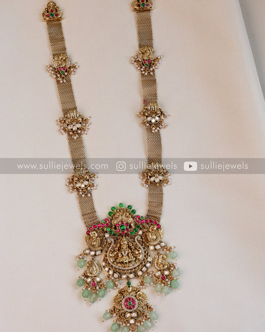 Lakshmi Premium Mint Beads Pendant with Mesh Long Chain / Haaram with Earring