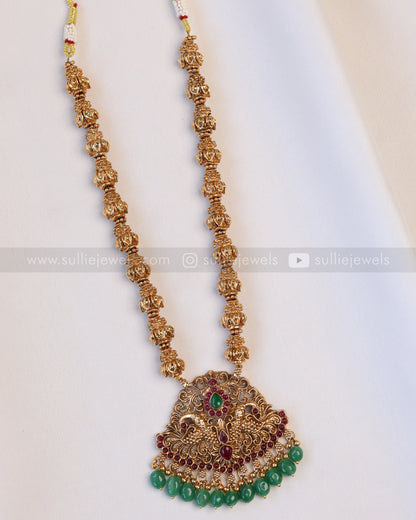 6051 - Sullie Basic - Lotus Chain Red Stone Peacock Green Beads Pendant with Stud