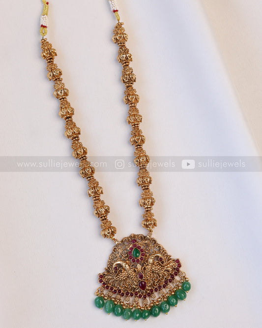 6051 - Sullie Basic - Lotus Chain Red Stone Peacock Green Beads Pendant with Stud