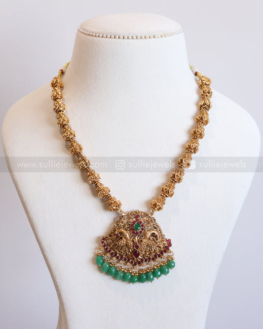 6051 - Sullie Basic - Lotus Chain Red Stone Peacock Green Beads Pendant with Stud