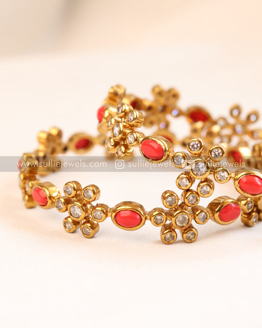 Coral & Flower Stone Bangle - Set of 2