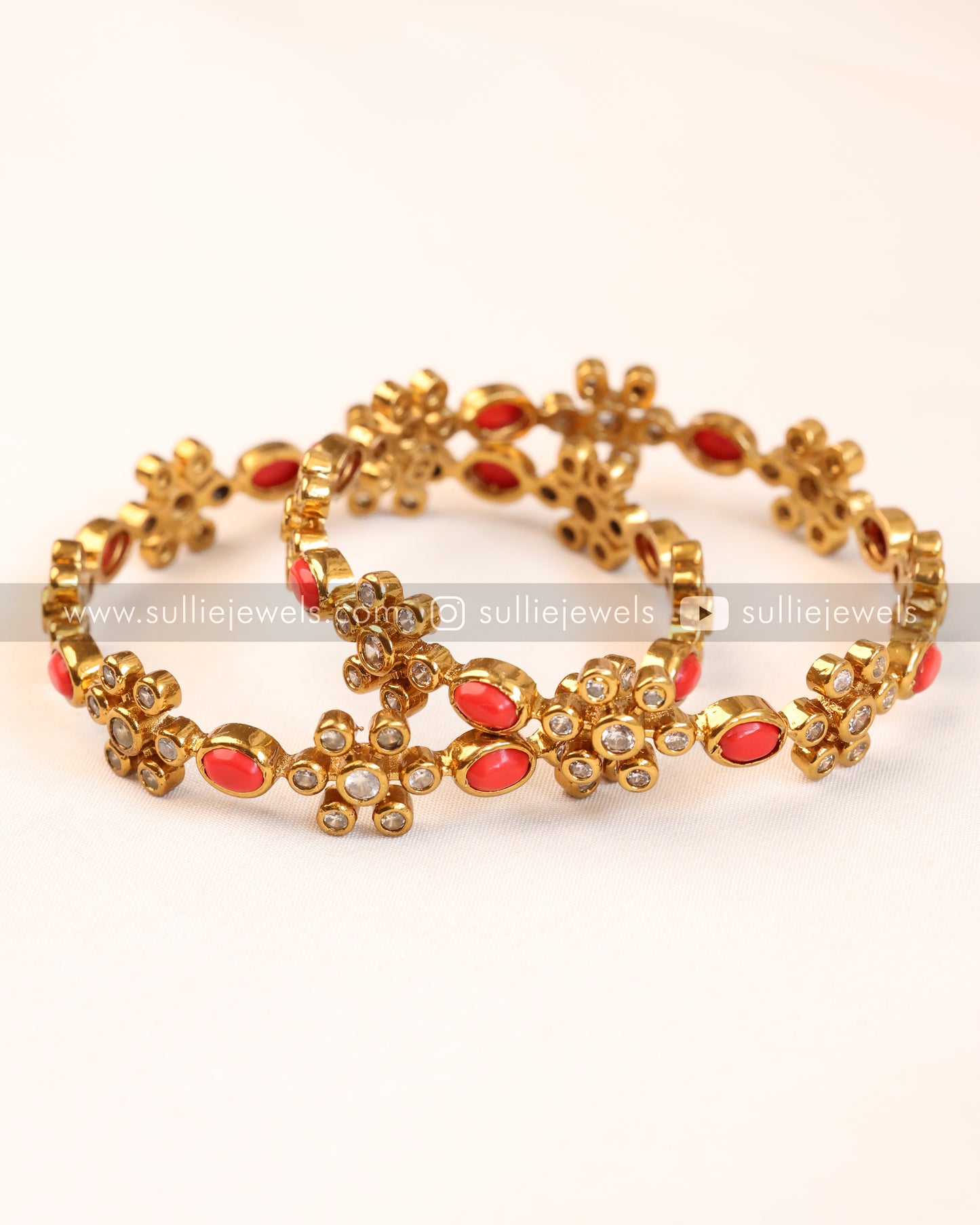 Coral & Flower Stone Bangle - Set of 2