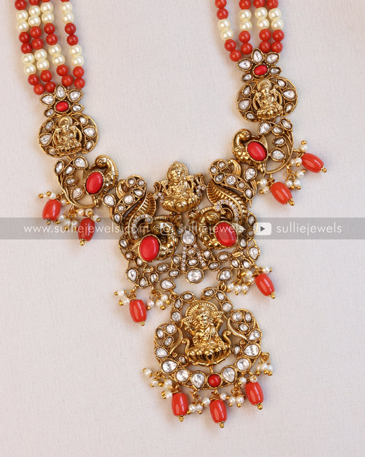 Lakshmi Pearl & Coral Beads Premium Long Chain/Haaram with Earring