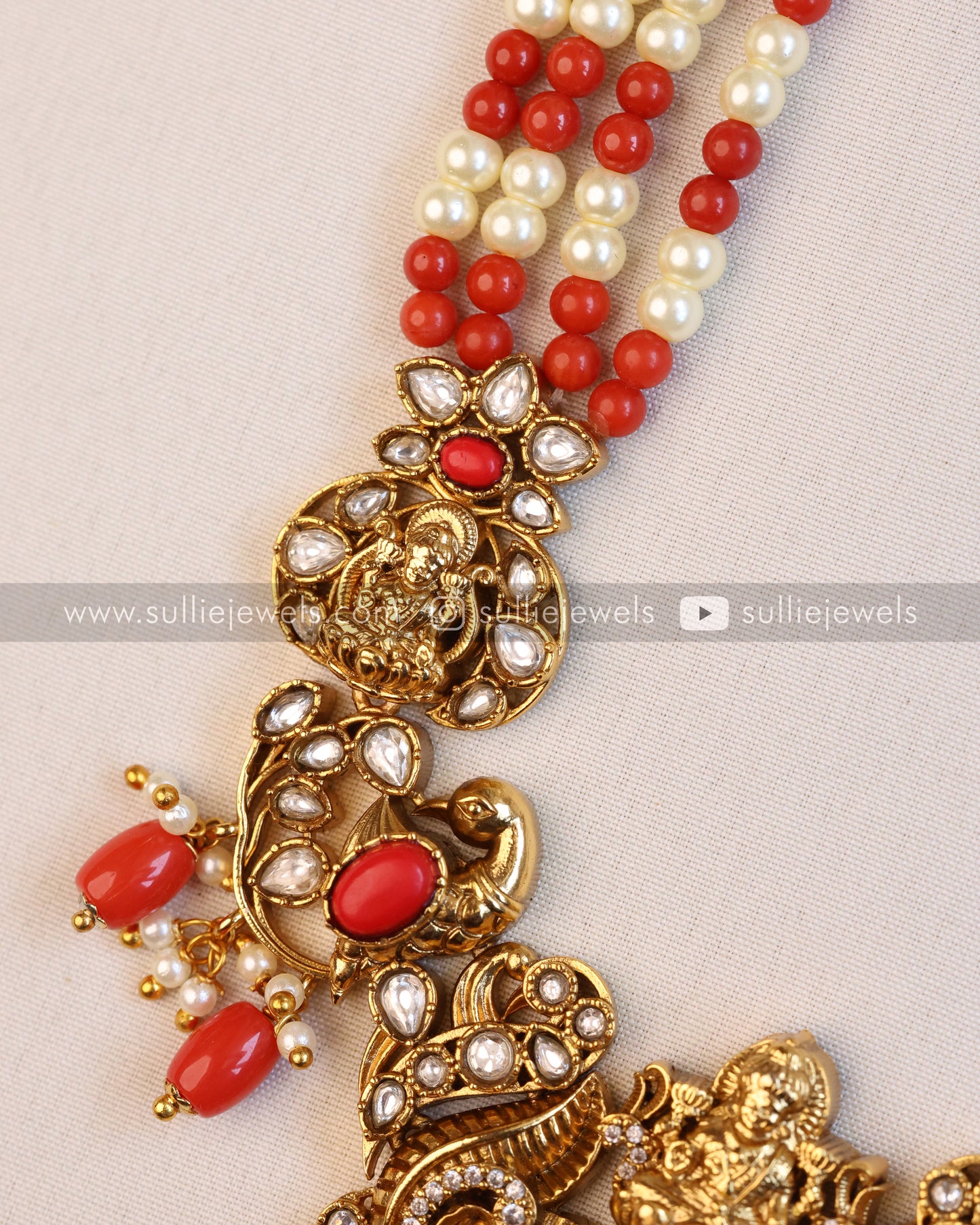 Lakshmi Pearl & Coral Beads Premium Long Chain/Haaram with Earring