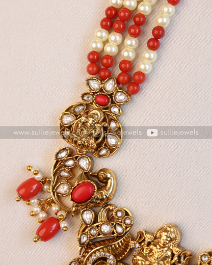 Lakshmi Pearl & Coral Beads Premium Long Chain/Haaram with Earring