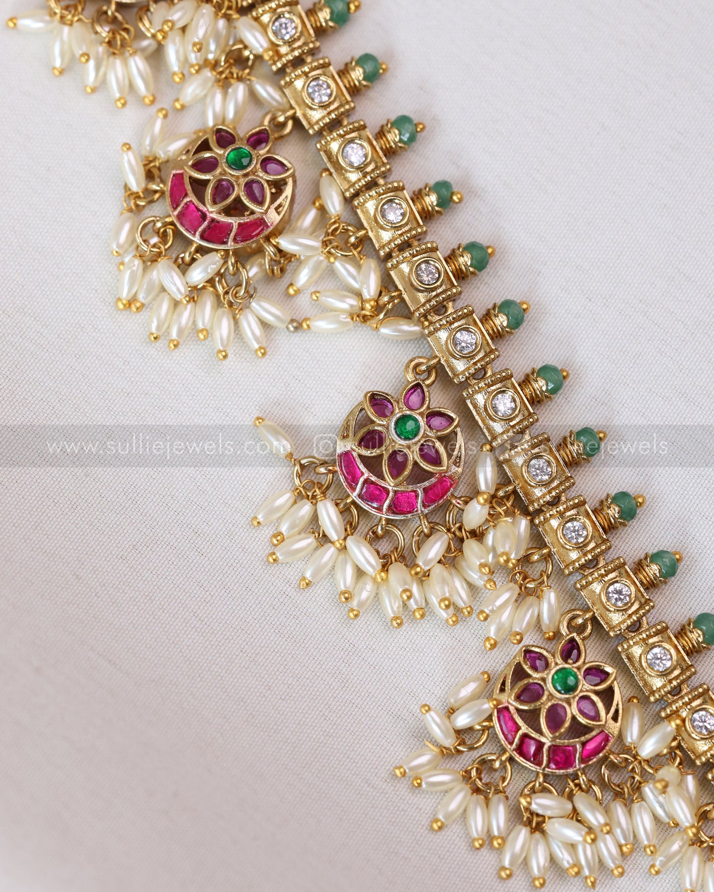 7169 -  Jadau Rice Pearl Guttapusalu Haaram / Long Chain with Earrings