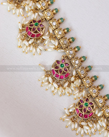 7169 -  Jadau Rice Pearl Guttapusalu Haaram / Long Chain with Earrings