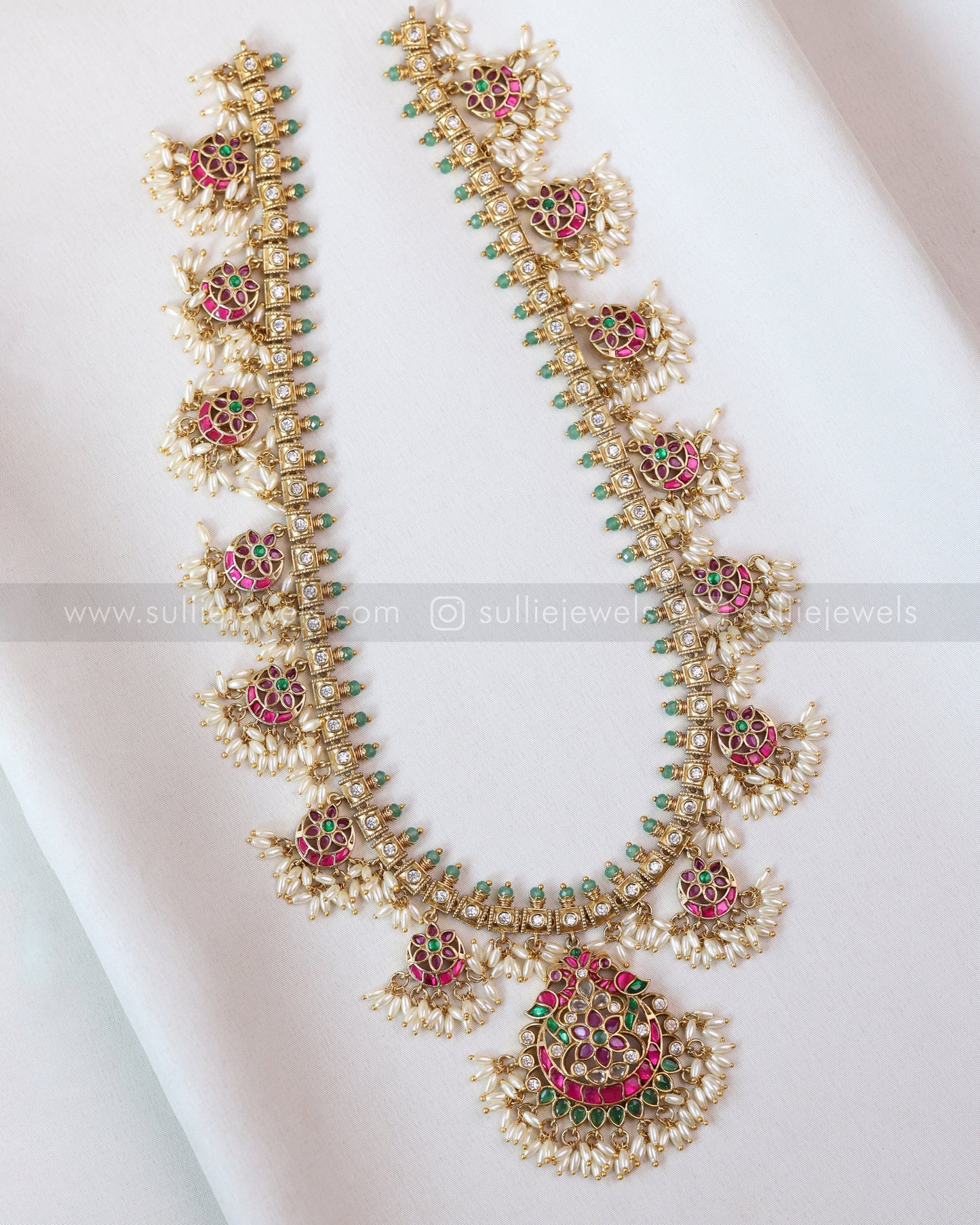 7169 -  Jadau Rice Pearl Guttapusalu Haaram / Long Chain with Earrings