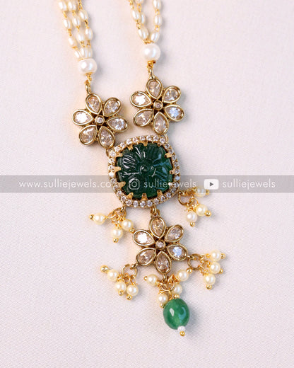 Carved Stone Pendant with Pearl Chain