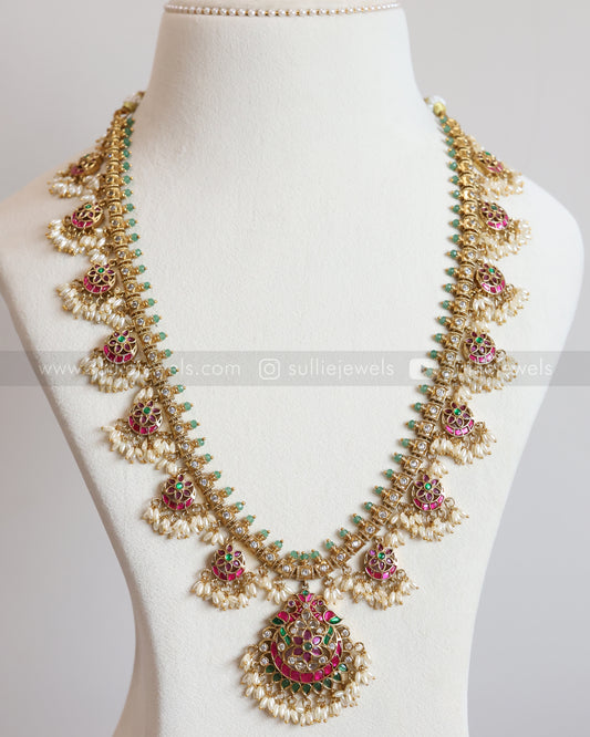 7169 -  Jadau Rice Pearl Guttapusalu Haaram / Long Chain with Earrings