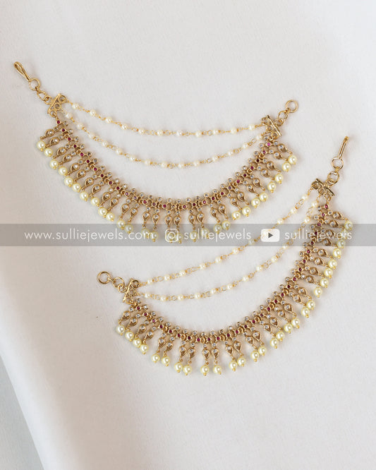 White Stone & Pearl Hanging Earchain / Maatti