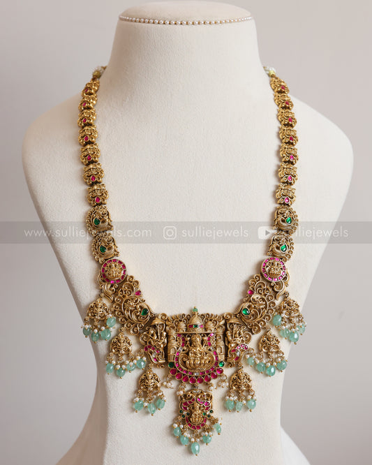 7158 - Lakshmi Premium Jadau Long Chain/Haaram with Jhumka - Mint Beads