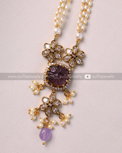 Carved Stone Pendant with Pearl Chain